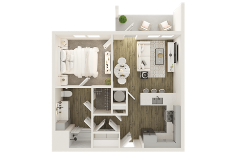 Floor plan for 1 bed, 1 bath, 733 sqft